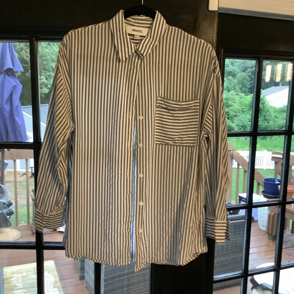 Ipekyol Women’s Button Front Long Sleeve Shirt blue striped size 6